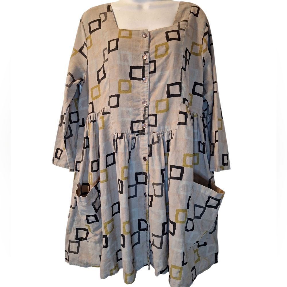 Gudrun Sjoden 50/50 cotton linen tunic dress with abstract print M
